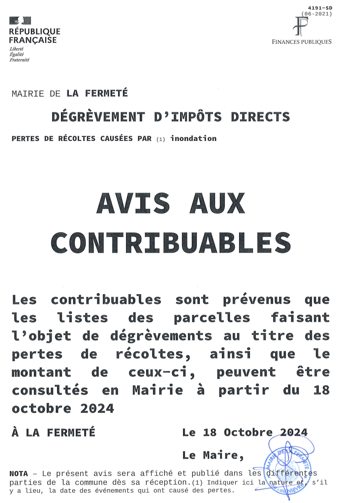 Avis de dégrèvement d'impôts directs