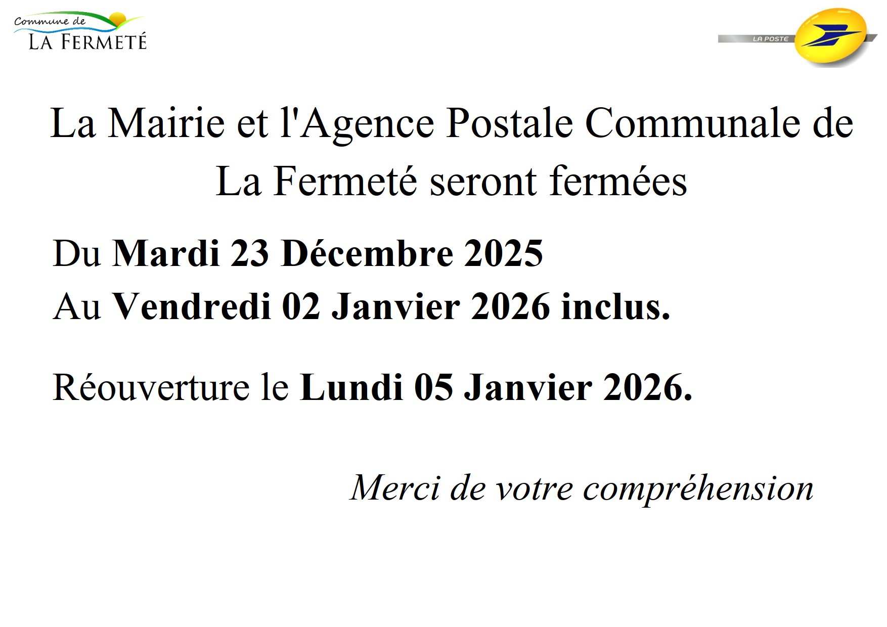 Fermeture exceptionnelle de l'agence postale et mairie